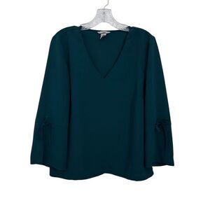 H&M Green V-neck Blouse Long Bell Sleeves with Tie Cuff Details